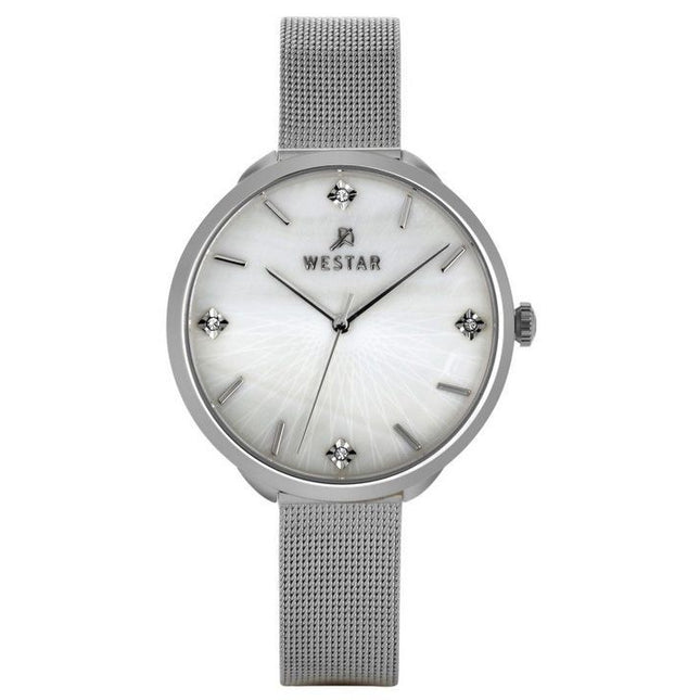 Westar Zing Crystal Accents Stainless Steel Mesh White Mother Of Pearl Dial Quartz 00128STN11 Women's Watch