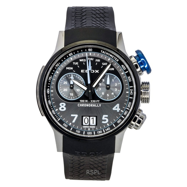 Edox Chronorally Chronograph Rubber Strap Grey Dial Quartz 38003-TINBU-GNBU 100M Men's Watch