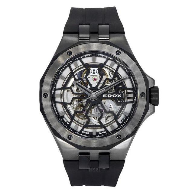 Edox Delfin The Original Mecano Rubber Strap Skeleton Black Dial Automatic Divers 85303 357GN NGN 200M Mens Watch