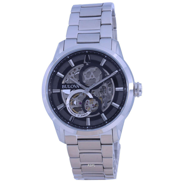 Bulova Classic Skeleton Black Dial Stainless Steel Automatic 96A208 Mens Watch