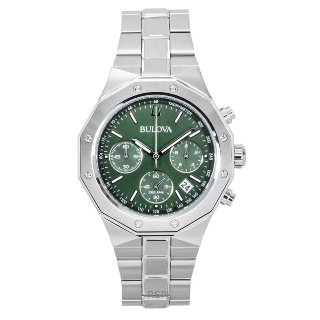 Bulova Octagon Prestige Chronograph Stainless Steel Green Dial Quartz 96B409 100M Men's Watch