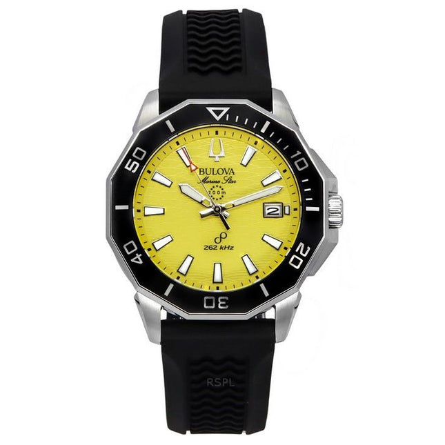 Bulova Marine Star Black Silicone Strap Yellow Dial Precisionist Quartz Diver's 200M 96B431 Men's Watch