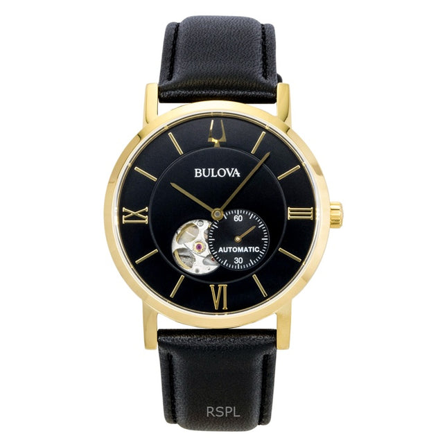 Bulova American Clipper Leather Strap Open Heart Black Dial Automatic 97A154 Men's Watch