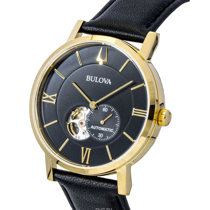 Bulova American Clipper Leather Strap Open Heart Black Dial Automatic 97A154 Men's Watch