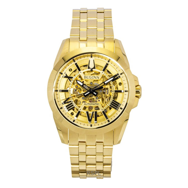 Bulova Sutton Gold Tone Stainless Steel Gold Skeleton Dial Automatic 97A162 Men's Watch