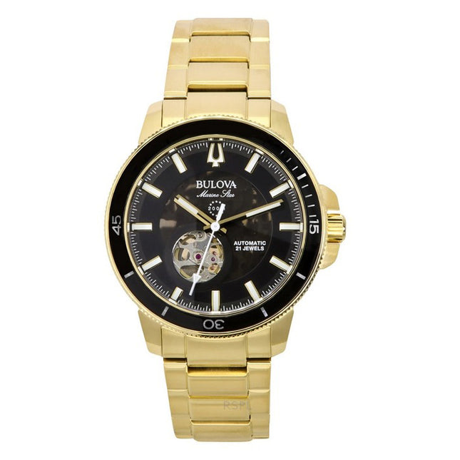 Bulova Marine Star Gold Tone Stainless Steel Black Dial Automatic Diver's 97A174 200M Men's Watch