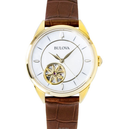 Bulova Sutton Leather Strap Open Heart Mother Of Pearl Dial Automatic 97L179 Women's Watch