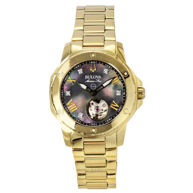 Bulova Marine Star Gold Tone Stainless Steel Black Mother Of Pearl Dial Automatic 97P171 100M Women's Watch