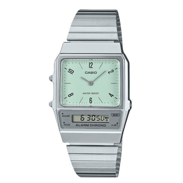 Casio Vintage Analog Digital Dual Time Stainless Steel Bracelet Green Dial Quartz AQ-800E-3A Unisex Watch