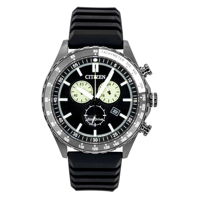 Citizen Eco-Drive Chronograph Silicone Strap Black Dial Solar AT2565-05E 100M Men's Watch