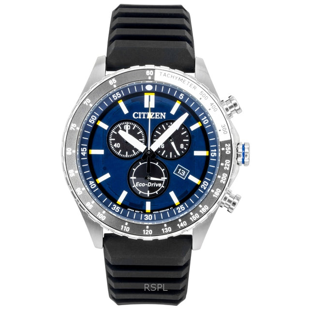 Citizen Eco-Drive Chronograph Silicone Strap Blue Dial AT2569-04L 100M Men's Watch