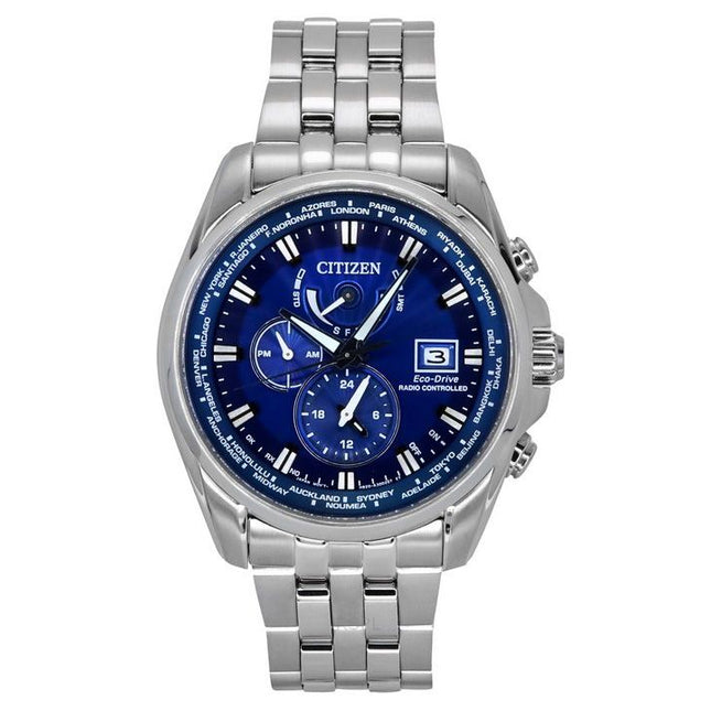 Citizen Eco-Drive Perpetual Calendar GMT Chronograph Stainless Steel Blue Dial Diver's AT9120-89L 200M Men's Watch