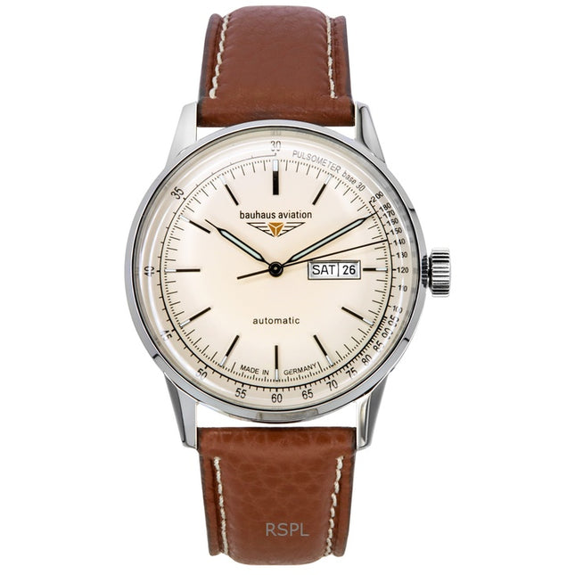 Bauhaus Aviation Leather Strap Beige Dial Automatic 23665 100M Men's Watch