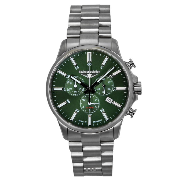 Bauhaus Aviation Chronograph Titanium Green Dial Quartz 2880M4 100M Men's Watch