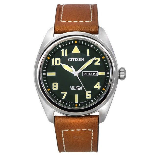Citizen Eco-Drive Super Titanium Leather Strap Green Dial BM8560-11X 100M Men's Watch