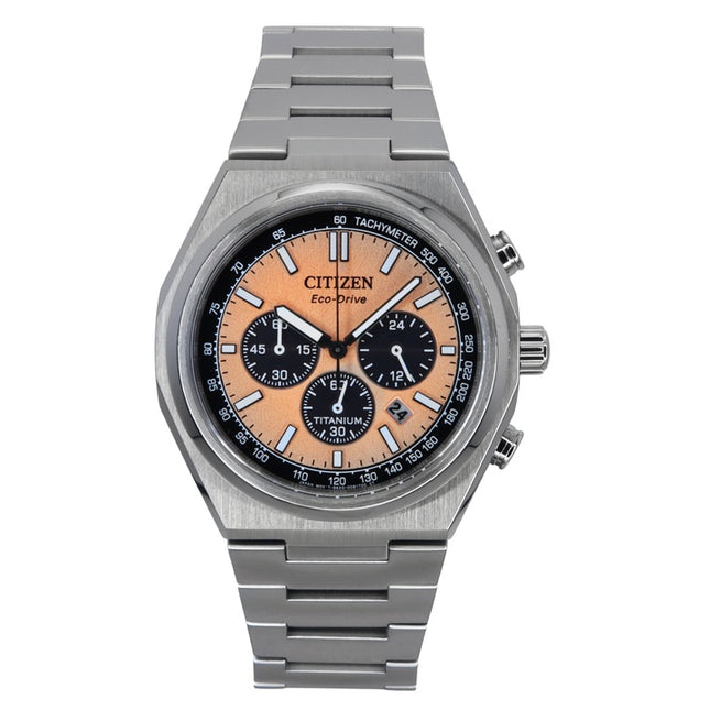 Citizen Zenshin Chronograph Super Titanium Salmon Dial Eco-Drive CA4610-85Z 100M Men's Watch