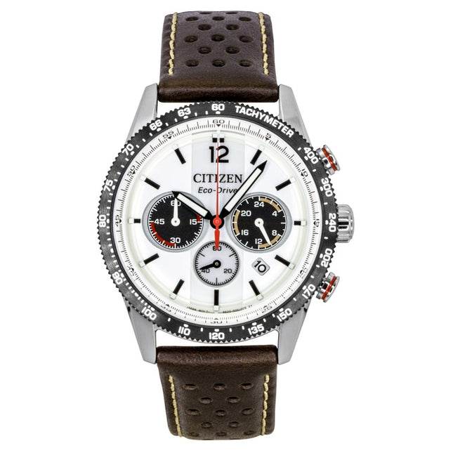 Citizen Eco-Drive Chronograph Analog Brown Leather Strap White Dial Solar CA4714-04A 100M Men's Watch