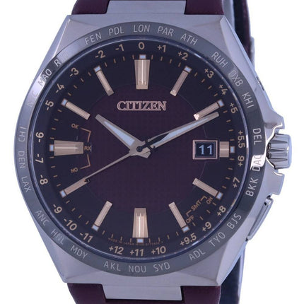 Citizen Attesa World Time Burgundy Dial Leather Strap Eco-Drive CB0216-07W 100M Mens Watch