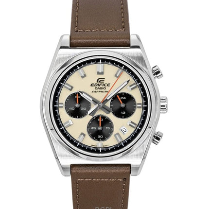 Casio Edifice Analog Standard Chronograph Leather Strap Ivory Dial Quartz EFB-730L-7AV 100M Men's Watch