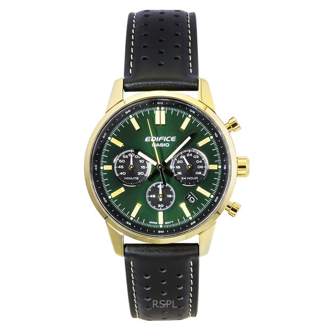 Casio Edifice Analog Chronograph Leather Strap Green Dial Quartz EFR-575CL-3A 100M Men's Watch