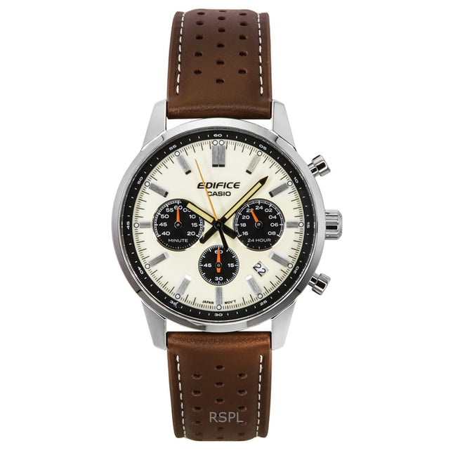 Casio Edifice Analog Chronograph Leather Strap Cream Dial Quartz EFR-575L-7A 100M Men's Watch