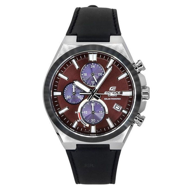 Casio Edifice Analog Chronograph Leather Strap Burgundy Dial Solar EQS-950BL-5A 100M Men's Watch