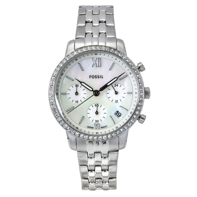 Fossil Neutra Chronograph Crystal Accents Stainless Steel White Mother Of Pearl Dial Quartz ES5357 Women's Watch