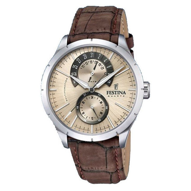 Festina Retro Leather Strap Multifunction Beige Dial Quartz F16573-9 Mens Watch