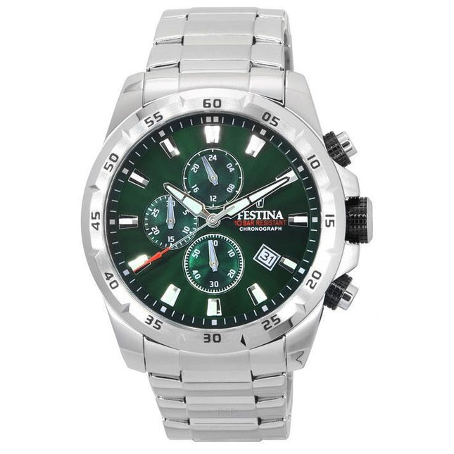Festina Sports Chorongraph Stainless Steel Green Dial Quartz 20463-3 100M Men's Watch