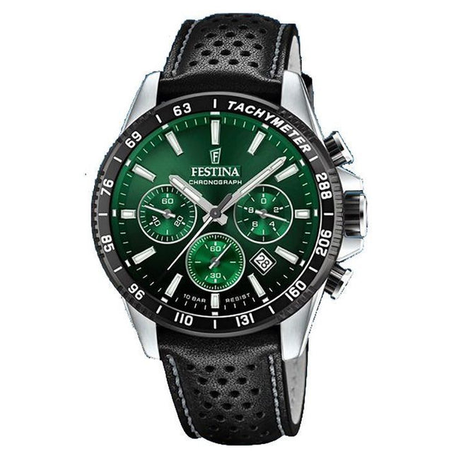 Festina Timeless Chronograph Leather Strap Green Dial Quartz F20561-5 100M Mens Watch