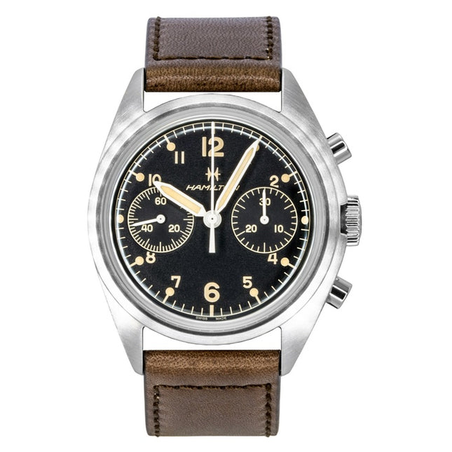 Hamilton Khaki Aviation Pilot Pioneer Chronograph Leather Strap Black Dial Mechanical H76409530 100M Men's Watch