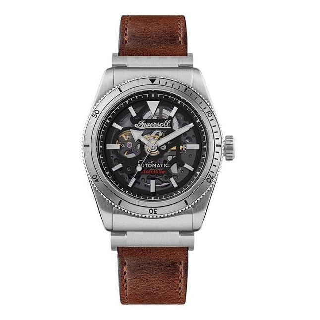 Ingersoll The Scovill Brown Leather Strap Black Skeleton Dial Automatic I13901 100M Mens Watch