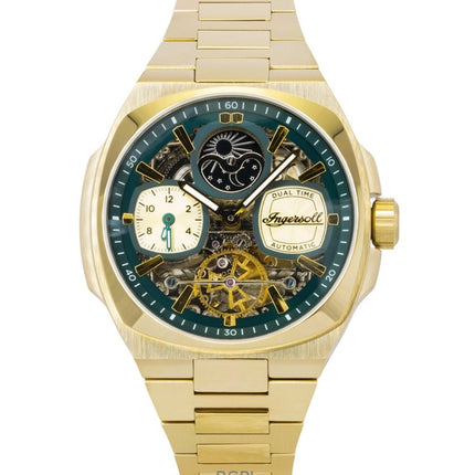Ingersoll The Spirit Gold Tone Stainless Steel Green Skeleton Dial Automatic I15803 Men's Watch