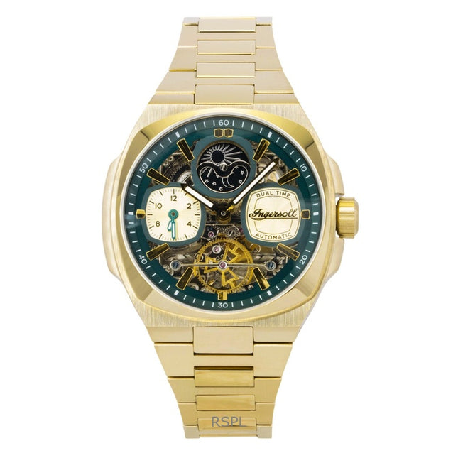 Ingersoll The Spirit Gold Tone Stainless Steel Green Skeleton Dial Automatic I15803 Men's Watch