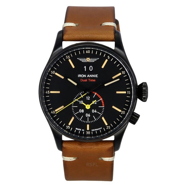Iron Annie Flight Control Dual Time Leather Strap Black Dial Quartz 51442 Mens Watch