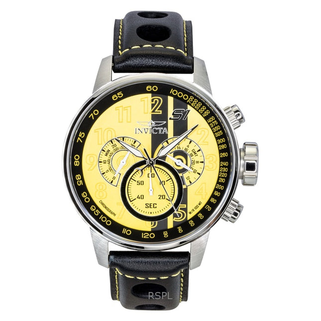 Invicta S1 Rally Chronograph GMT Leather Strap Yellow and Black Dial Quartz 48616 100M Men's Watch