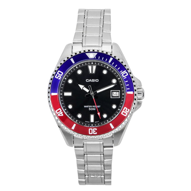 Casio Standard Analog Pepsi Bezel Stainless Steel Black Dial Quartz MDV-10D-1A3 Mens Watch
