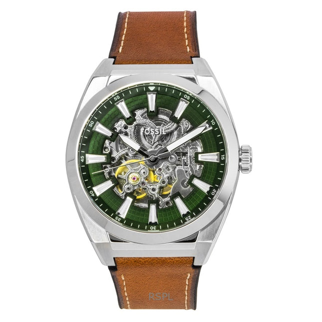 Fossil Everett Brown Leather Strap Green Skeleton Dial Automatic ME3261 Men's Watch