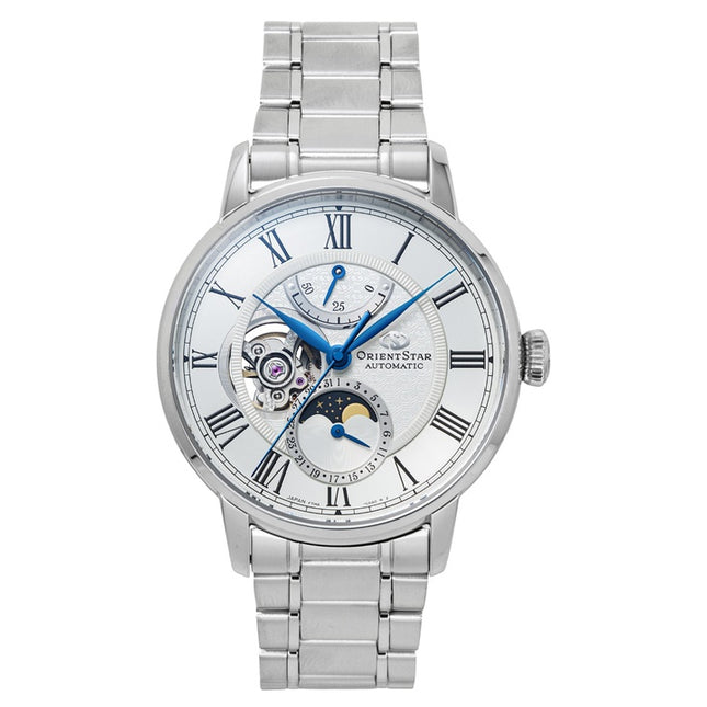 Orient Star M45 F7 Mechanical Moon Phase Stainless Steel White Open Heart Dial Automatic RE-BT0005S Men's Watch