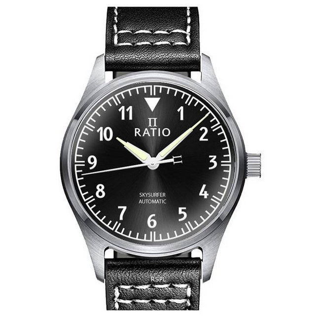 Ratio Skysurfer Pilot Black Sunray Dial Leather Automatic RTS305 200M Mens Watch