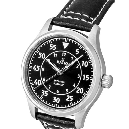 Ratio Skysurfer Pilot Black Sunray Dial Leather Automatic RTS321 200M Mens Watch