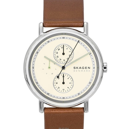 Skagen Signatur Leather Strap Multifunction Cream Dial Quartz SKW6942 Men's Watch