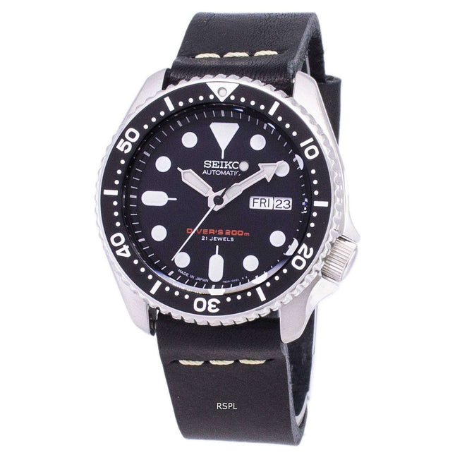 Seiko Automatic SKX007J1-LS14 Diver's 200M Japan Made Black Leather Strap Men's Watch