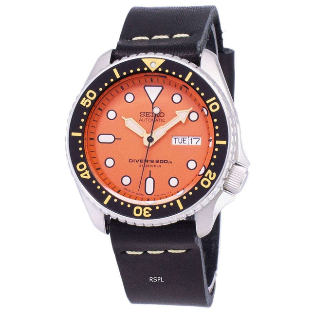 Seiko Automatic SKX011J1-LS14 Diver's 200M Japan Made Black Leather Strap Men's Watch