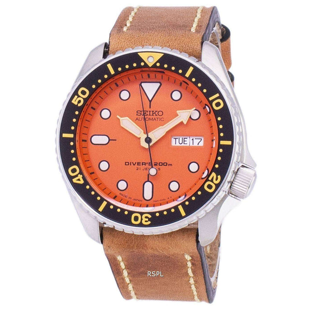 Seiko Automatic SKX011J1-LS17 Diver's 200M Japan Made Brown Leather Strap Men's Watch