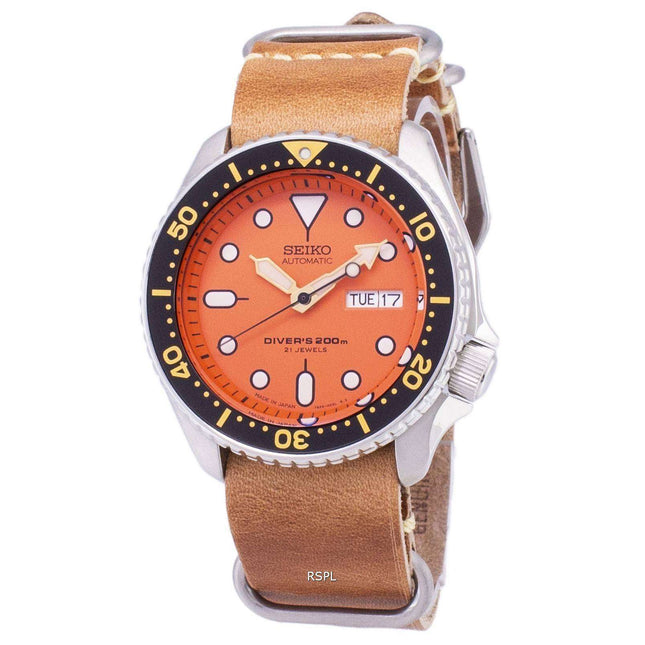 Seiko Automatic SKX011J1-LS18 Diver's 200M Japan Made Brown Leather Strap Men's Watch