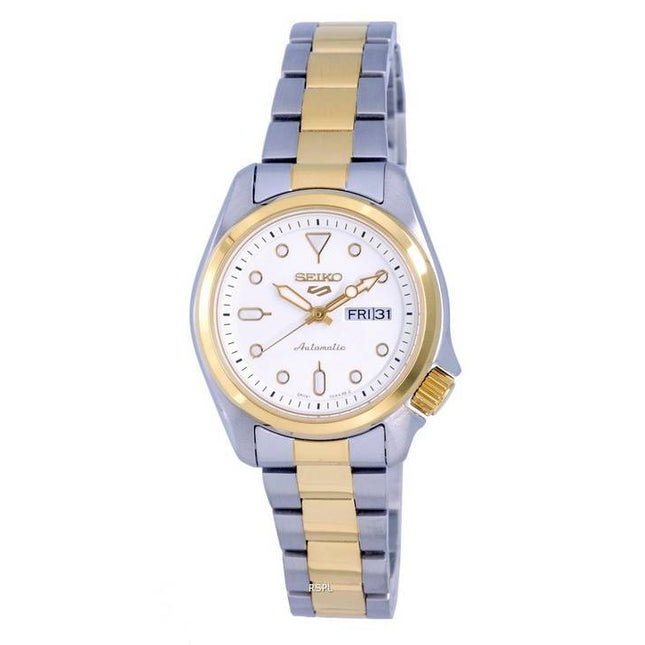 Seiko 5 Sports Two Tone Stainless Steel White Dial Automatic SRE004 SRE004K1 SRE004K 100M Womens Watch