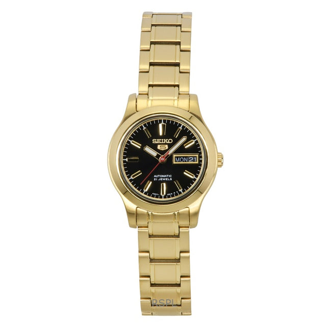 Seiko 5 Classic Gold Tone Stainless Steel Black Dial 21 Jewels Automatic SYMD96K1 Women's Watch
