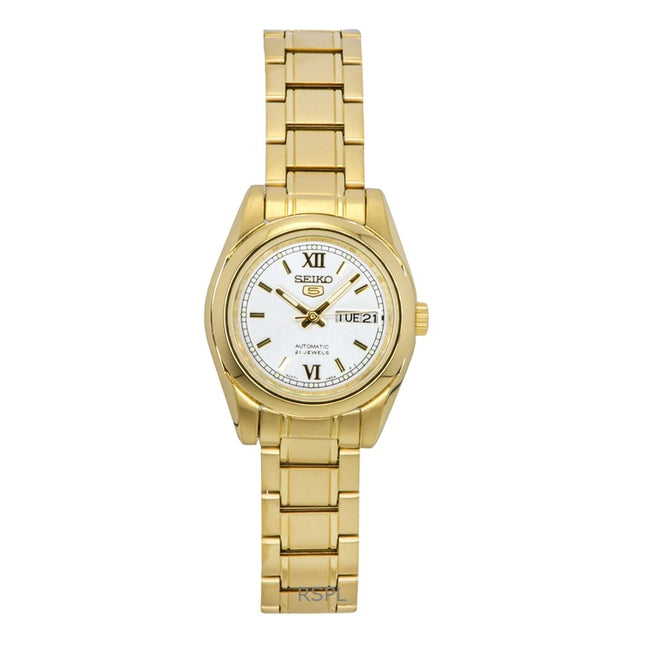 Seiko 5 Gold Tone Stainless Steel White Dial Automatic SYMK30K1 30M Women's Watch