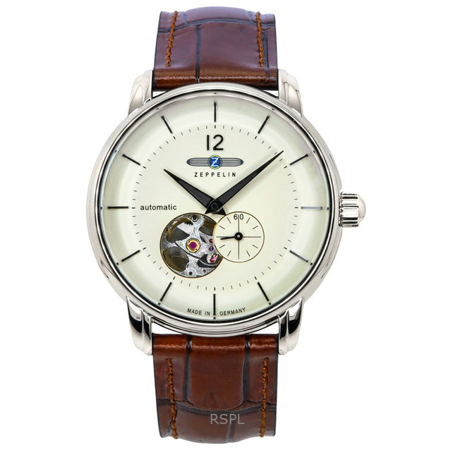 Zeppelin LZ-120 Bodensee Leather Strap Beige Open Heart Dial Automatic 81661 Men's Watch